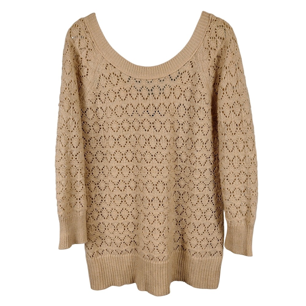 American Eagle Womens SZ M Open Knit Scoop Neck Sweater Tan Metallic Boho Core